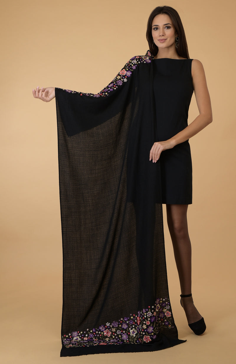 Black- Multicolour Floral Embroidered Pure Cashmere Stole