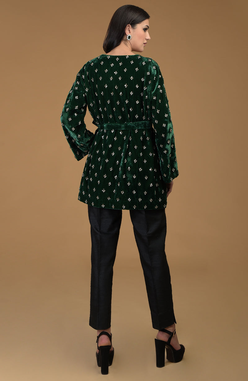 Emerald Green Crystal Hand Embroidered Silk Velvet Jacket