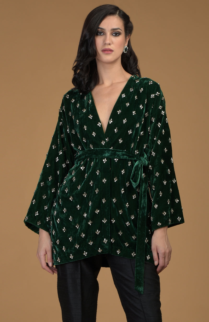 Emerald Green Crystal Hand Embroidered Silk Velvet Jacket