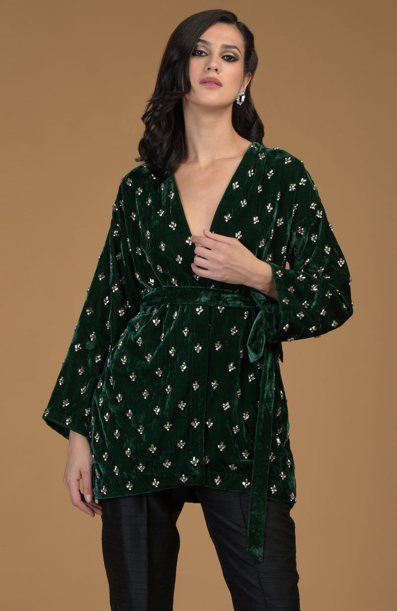 Emerald Green Crystal Hand Embroidered Silk Velvet Jacket