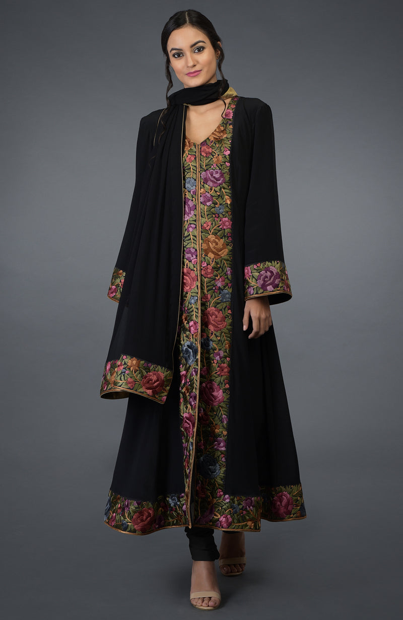 Black Parsi Gara Embroidered Anarkali Suit
