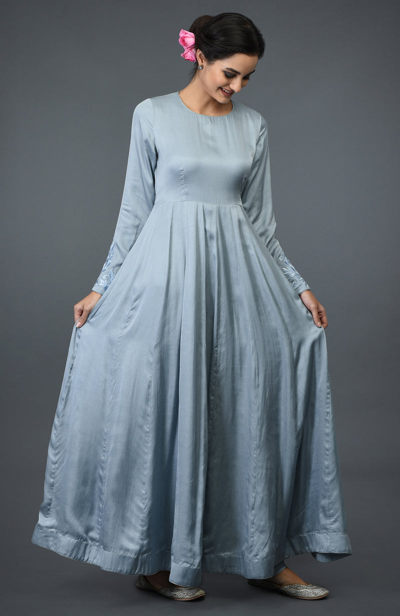 Powder Blue Floral Embroidered Anarkali Suit with Dupatta