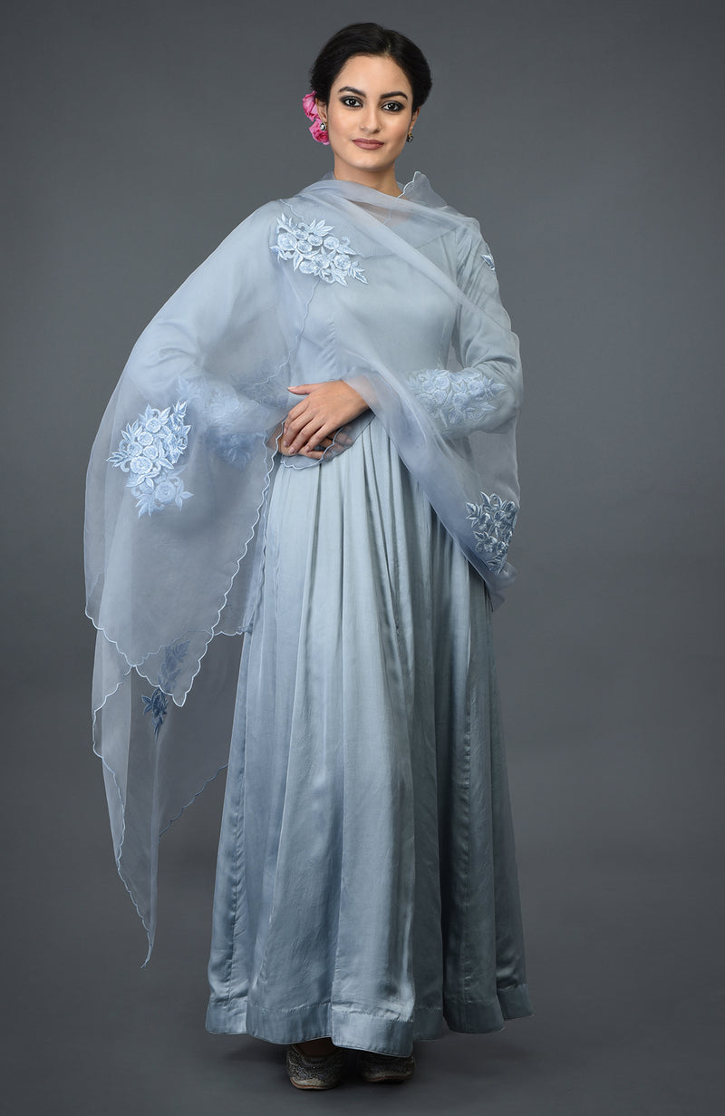 Powder Blue Floral Embroidered Anarkali Suit with Dupatta