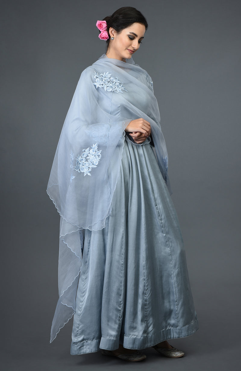 Powder Blue Floral Embroidered Anarkali Suit with Dupatta
