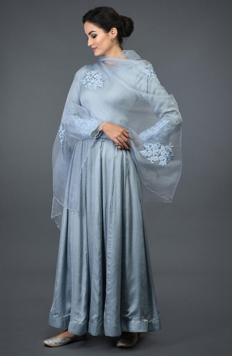 Powder Blue Floral Embroidered Anarkali Suit with Dupatta