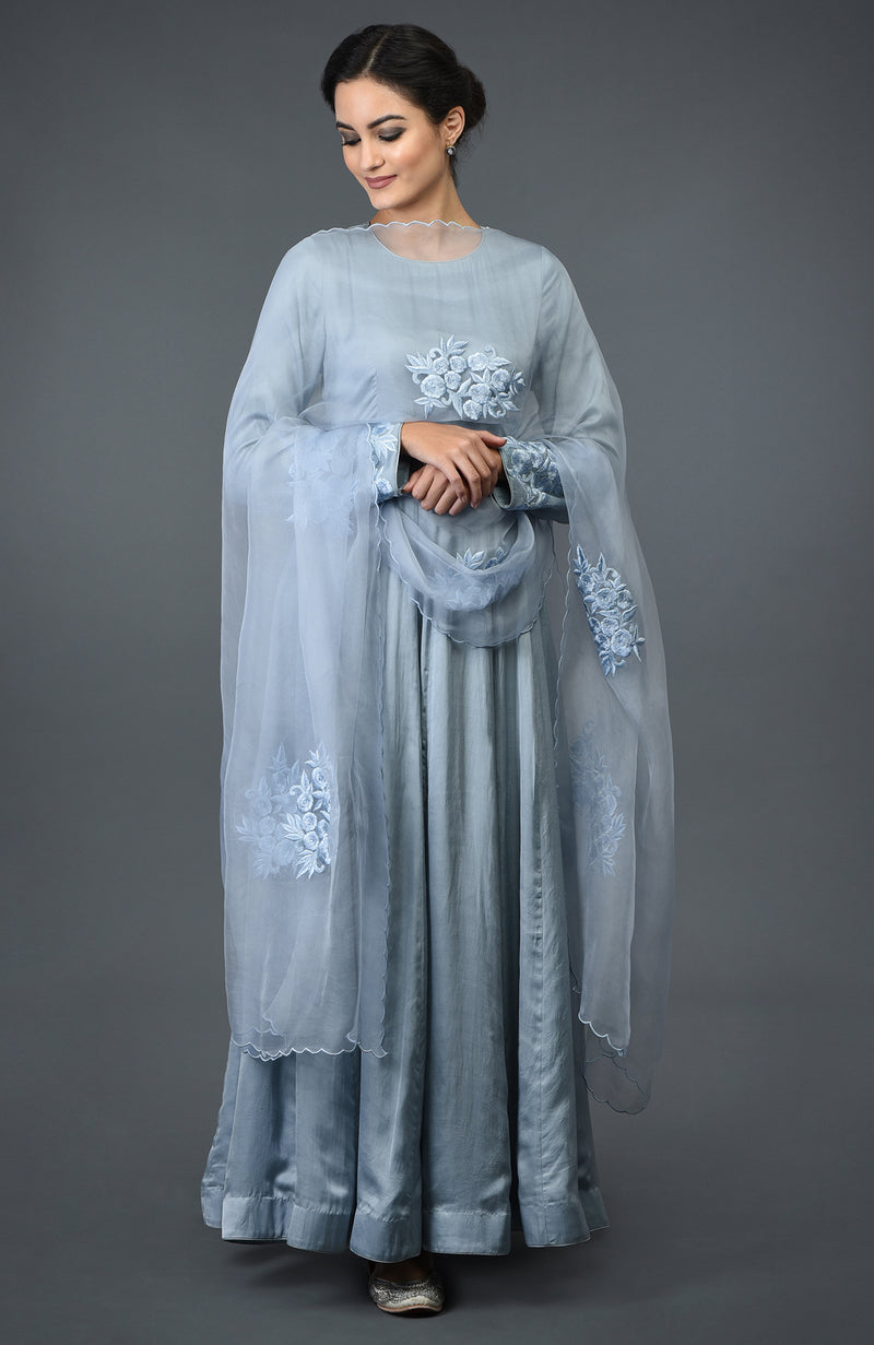 Powder Blue Floral Embroidered Anarkali Suit with Dupatta