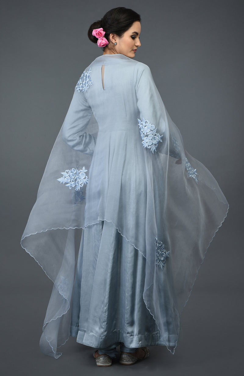 Powder Blue Floral Embroidered Anarkali Suit with Dupatta