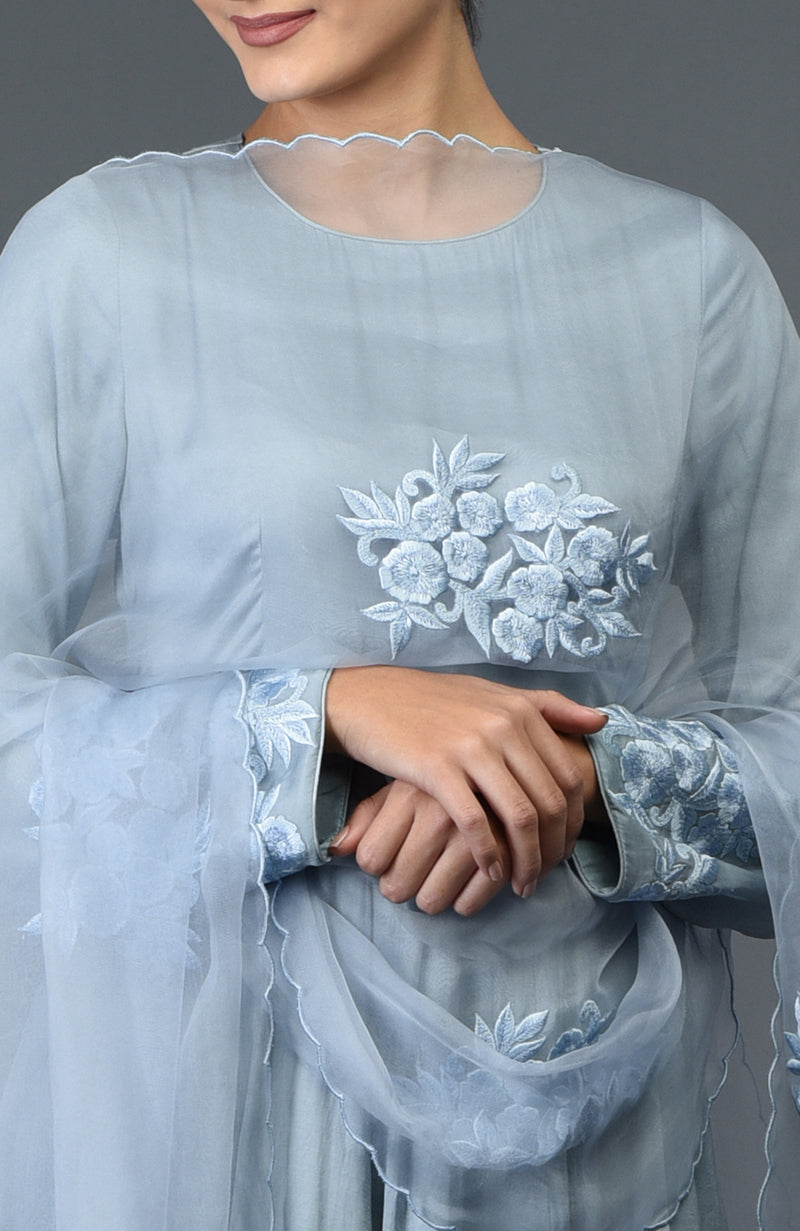 Powder Blue Floral Embroidered Anarkali Suit with Dupatta