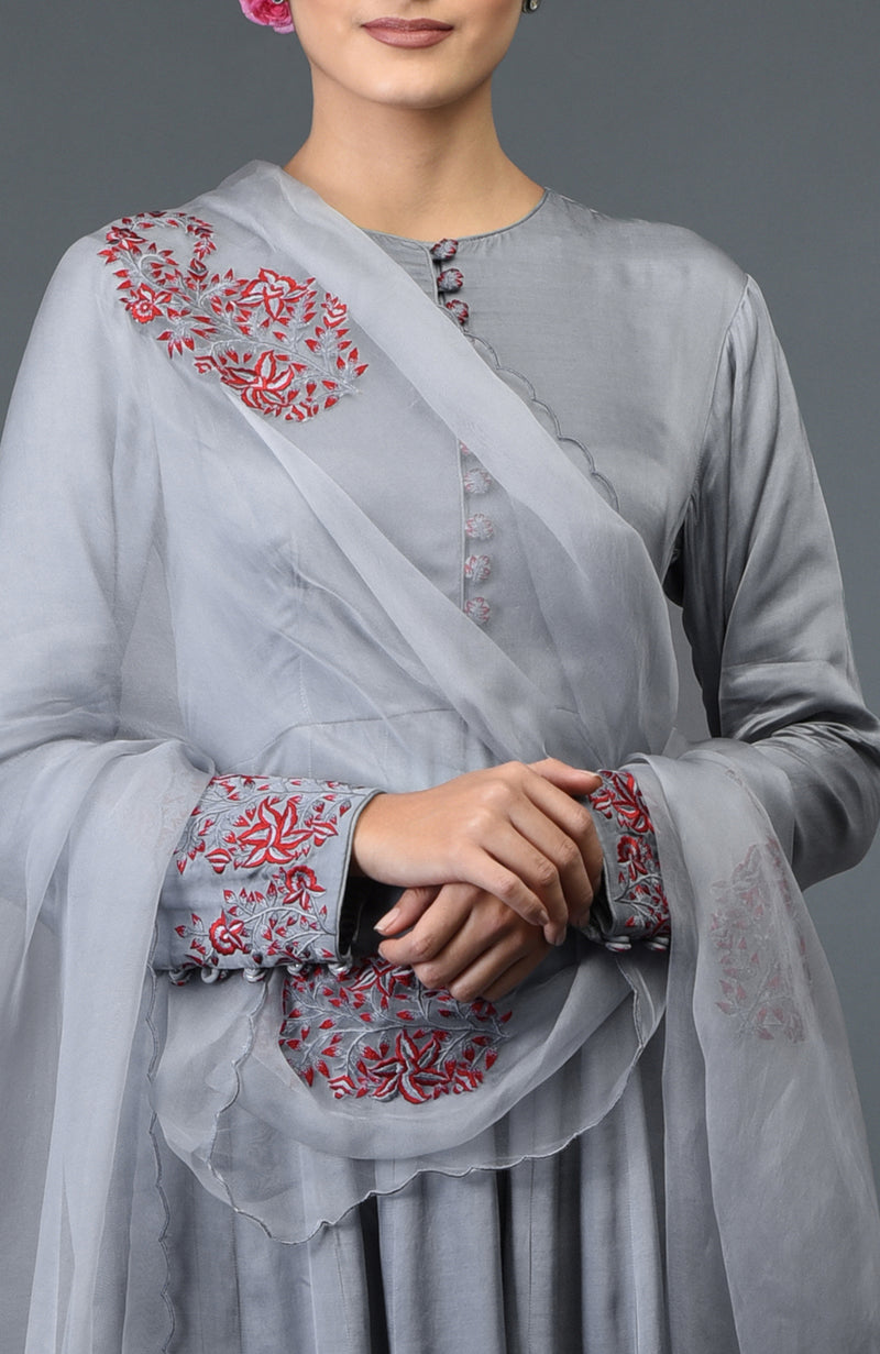 grey color anarkali dress Grey Anarkali Gown With Embroidery Work on Neck With Palazzo and Dupatta in USA, UK, Malaysia, South Africa, Dubai, Singapore