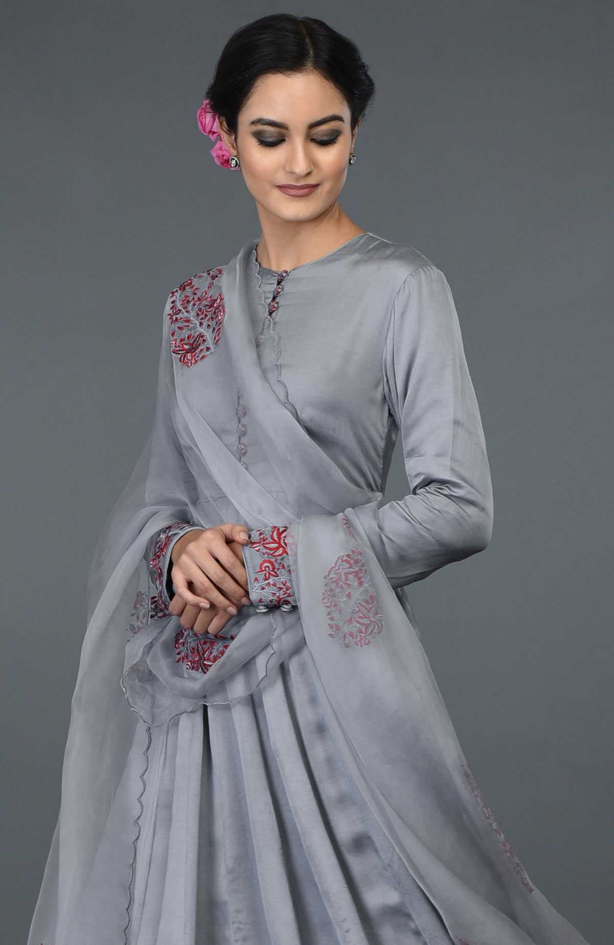 Talking Threads Grey Paisley Embroidered Modal Anarkali Suit with Dupatta Talking Threads Grey Paisley Embroidered Modal Anarkali Suit with Dupatta