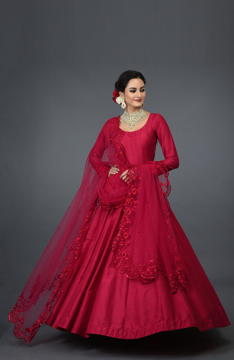 Red Tulle Dupatta With Floral Resham Sequin & Beads Embroidery