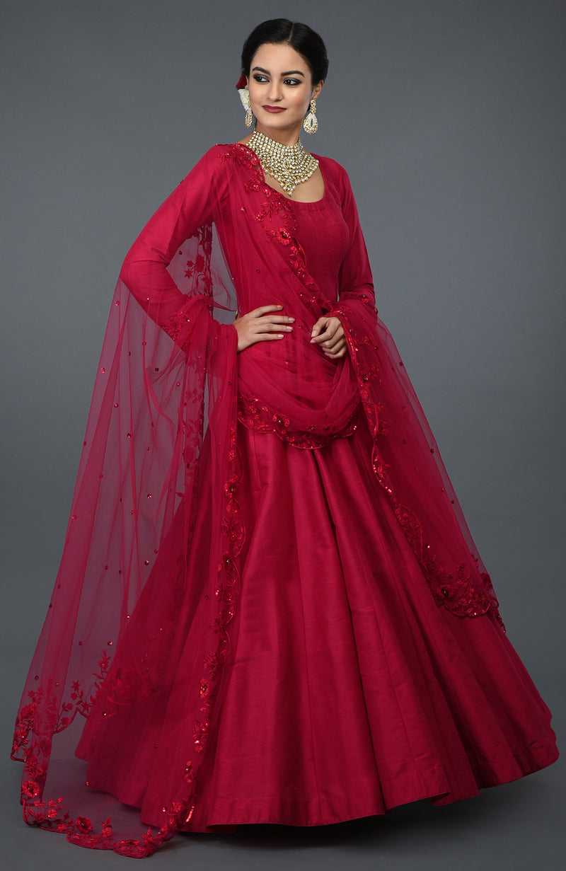 Red Tulle Dupatta With Floral Resham Sequin & Beads Embroidery