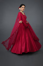 Red Tulle Dupatta With Floral Resham Sequin & Beads Embroidery