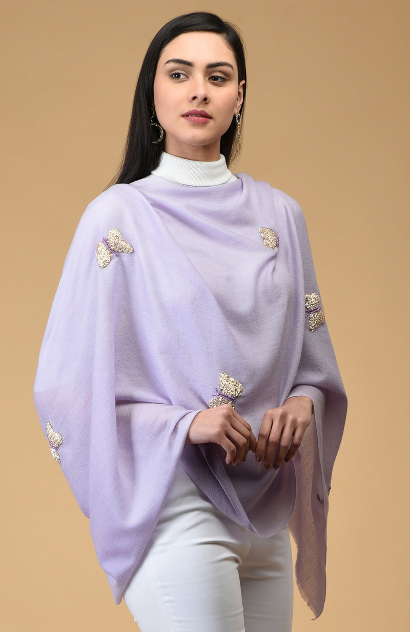 Lilac Butterfly Hand Embroidered Pure Cashmere Stole