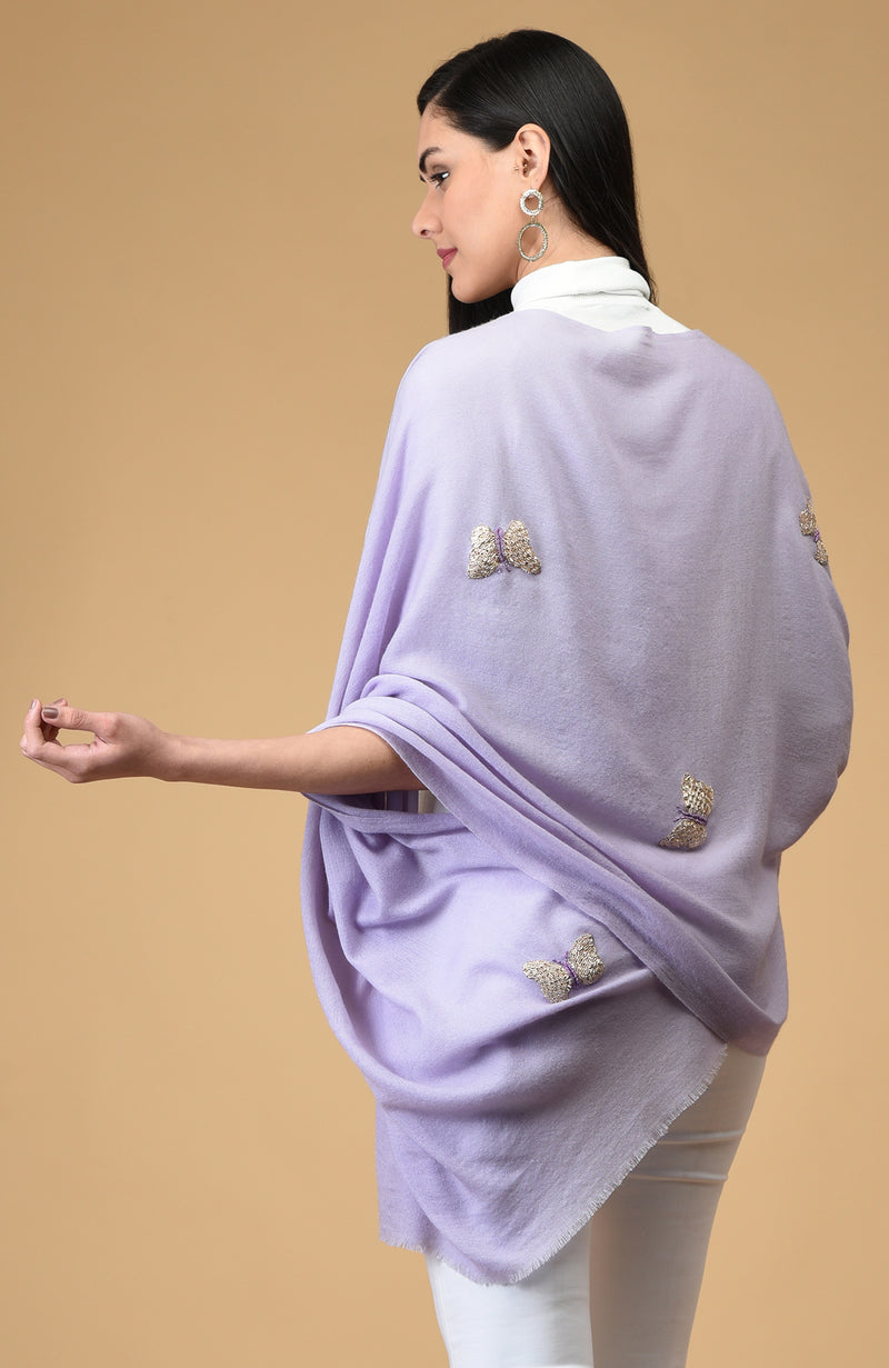 Lilac Butterfly Hand Embroidered Pure Cashmere Stole