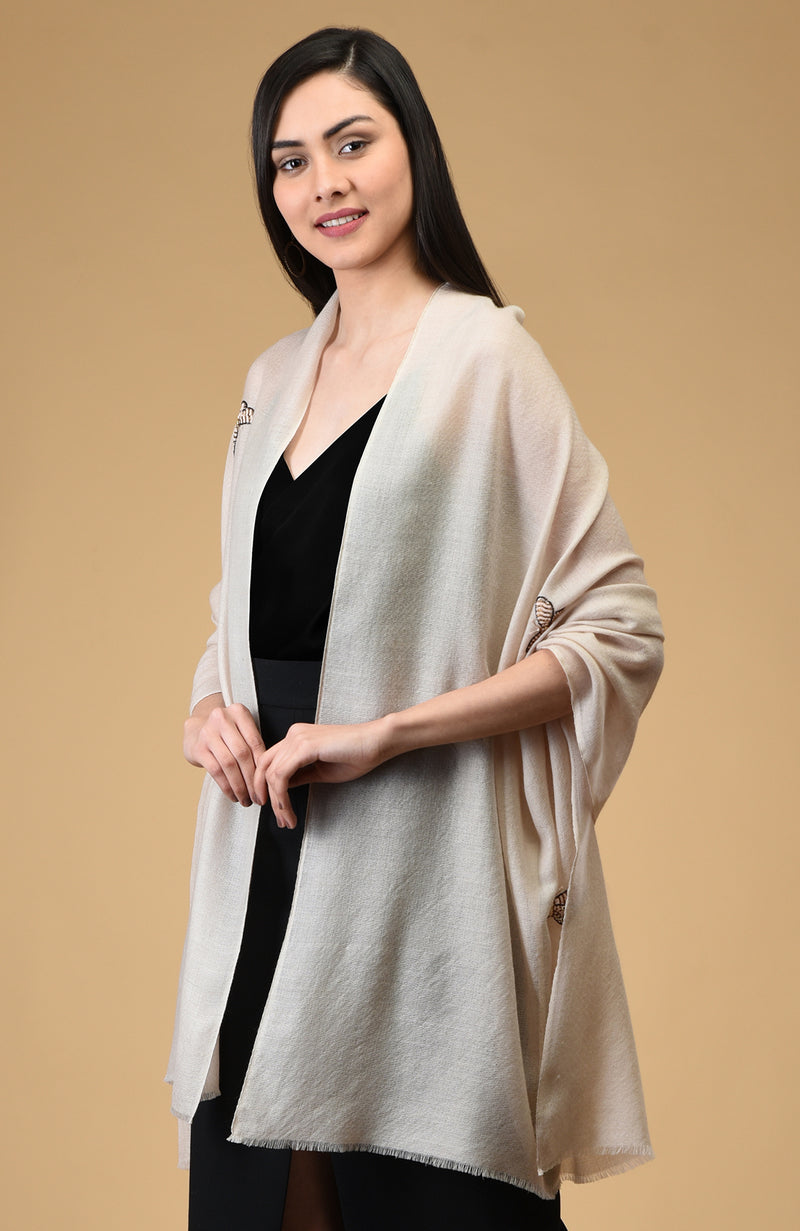 Light Beige Butterfly Hand Embroidered Pure Cashmere Stole