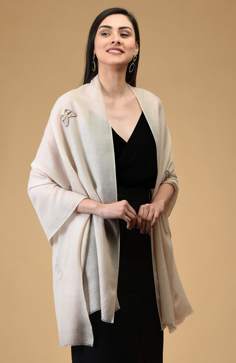 Light Beige Butterfly Hand Embroidered Pure Cashmere Stole