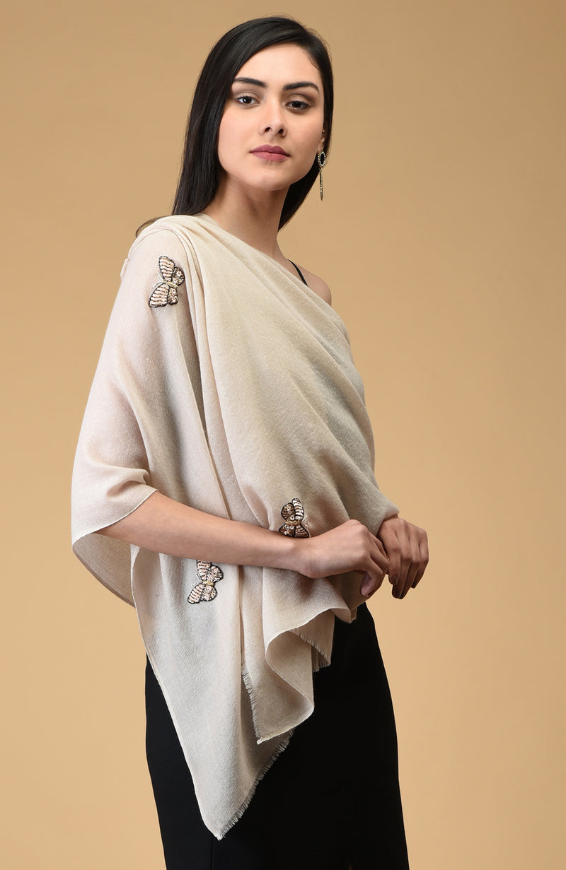 Light Beige Butterfly Hand Embroidered Pure Cashmere Stole