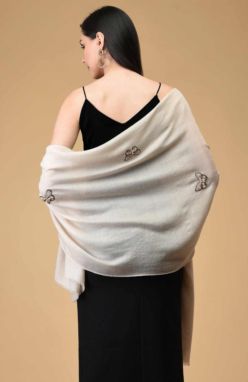 Light Beige Butterfly Hand Embroidered Pure Cashmere Stole