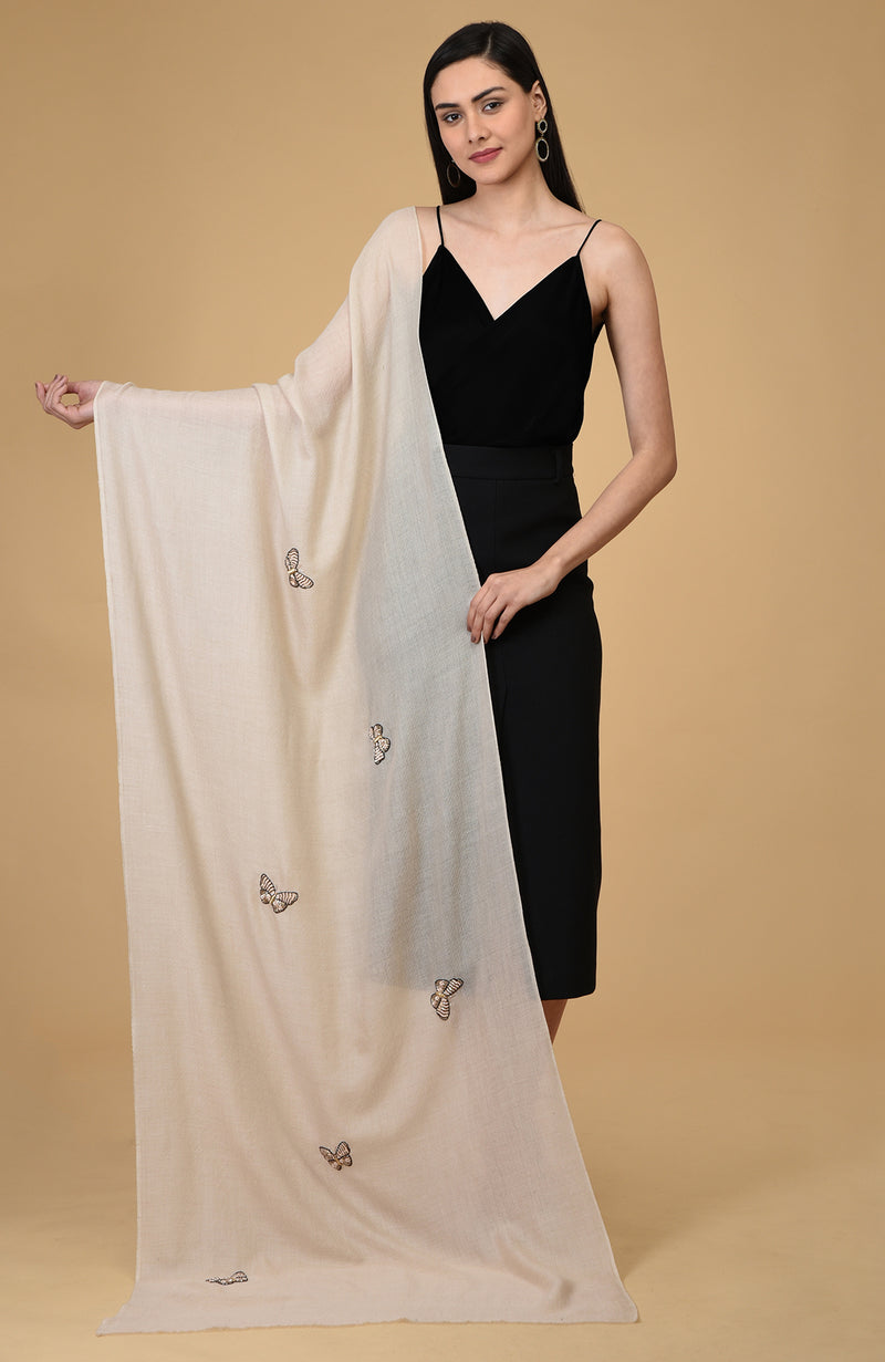 Light Beige Butterfly Hand Embroidered Pure Cashmere Stole