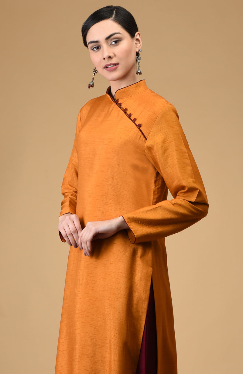 Mustard-Maroon Mandarin Collared Kurta Set