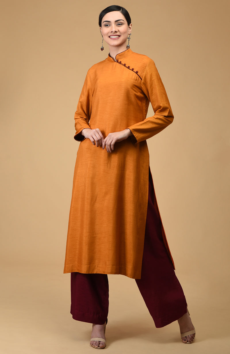 Mustard-Maroon Mandarin Collared Kurta Set