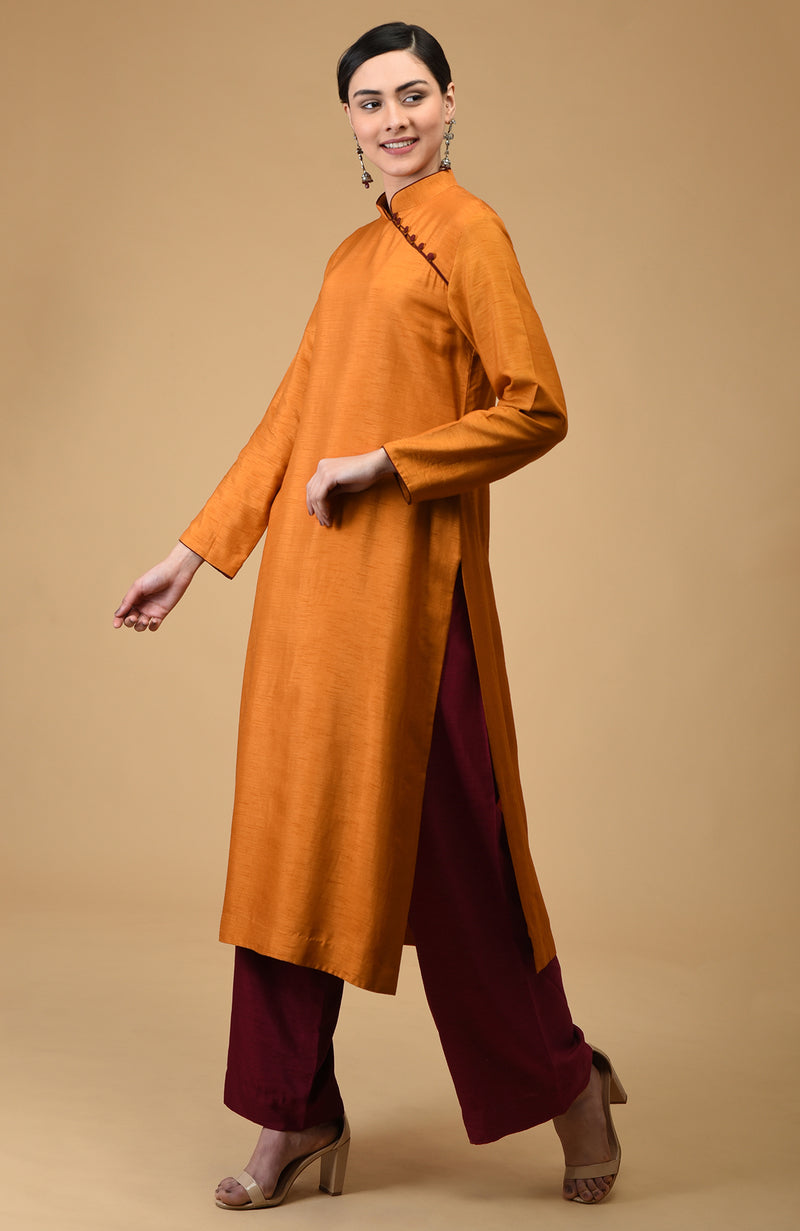 Mustard-Maroon Mandarin Collared Kurta Set