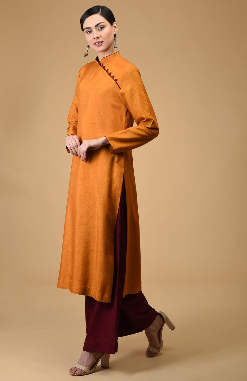Mustard-Maroon Mandarin Collared Kurta Set