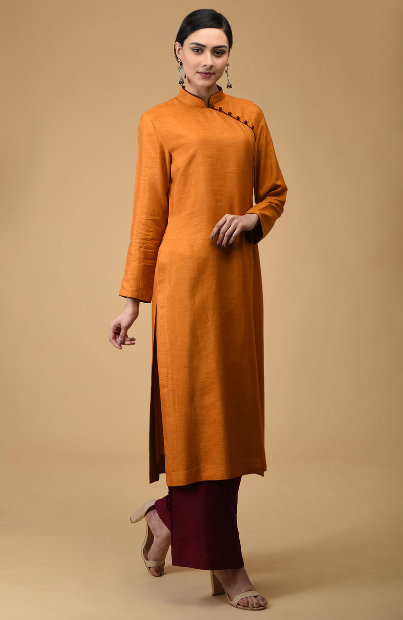 Mustard-Maroon Mandarin Collared Kurta Set