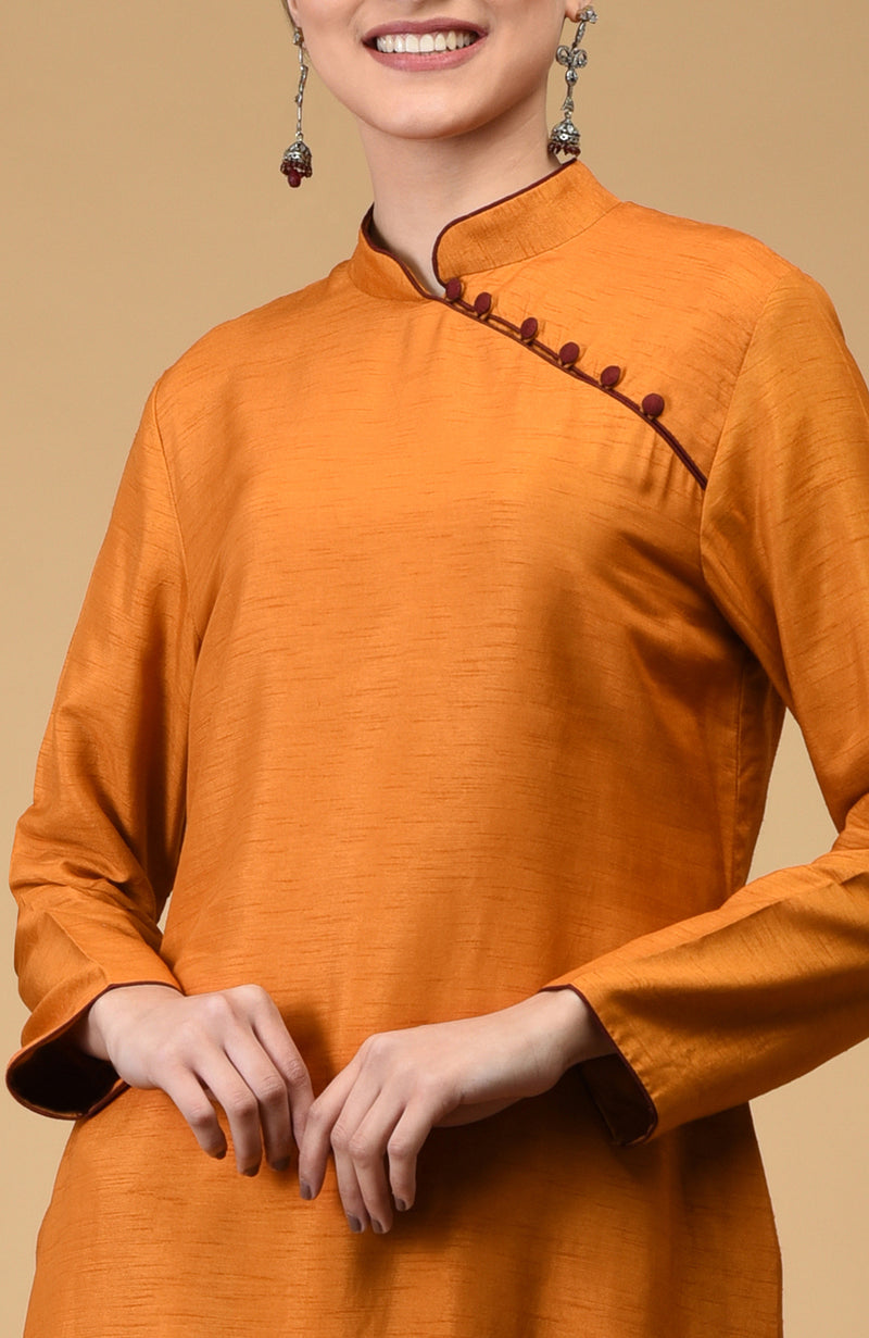 Mustard-Maroon Mandarin Collared Kurta Set