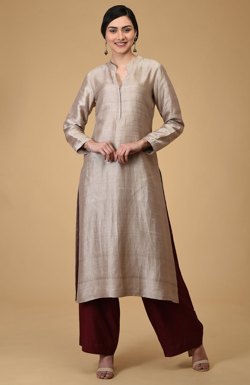 Beige-Maroon Pure Raw Silk Kurta Set
