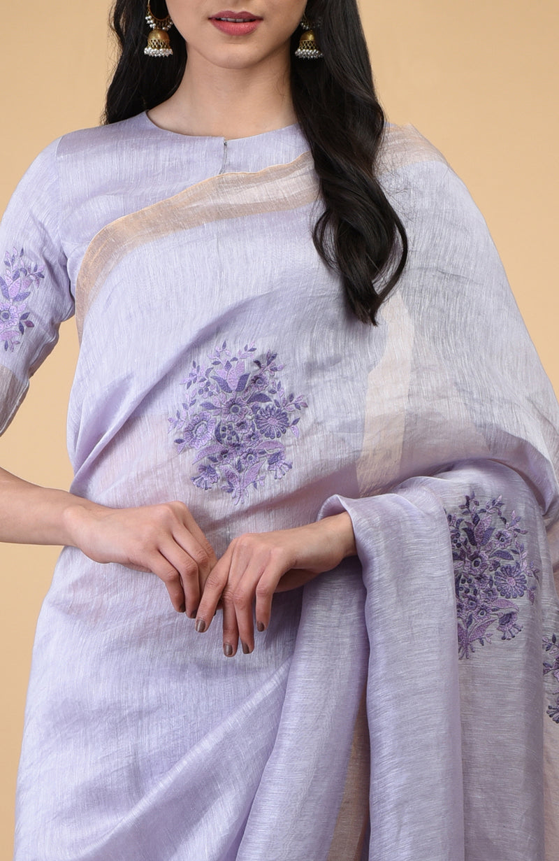 Lilac Floral Embroidered Linen Saree