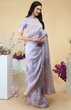 Lilac Floral Embroidered Linen Saree