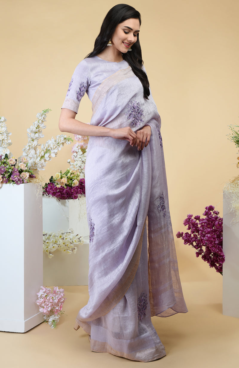 Lilac Floral Embroidered Linen Saree