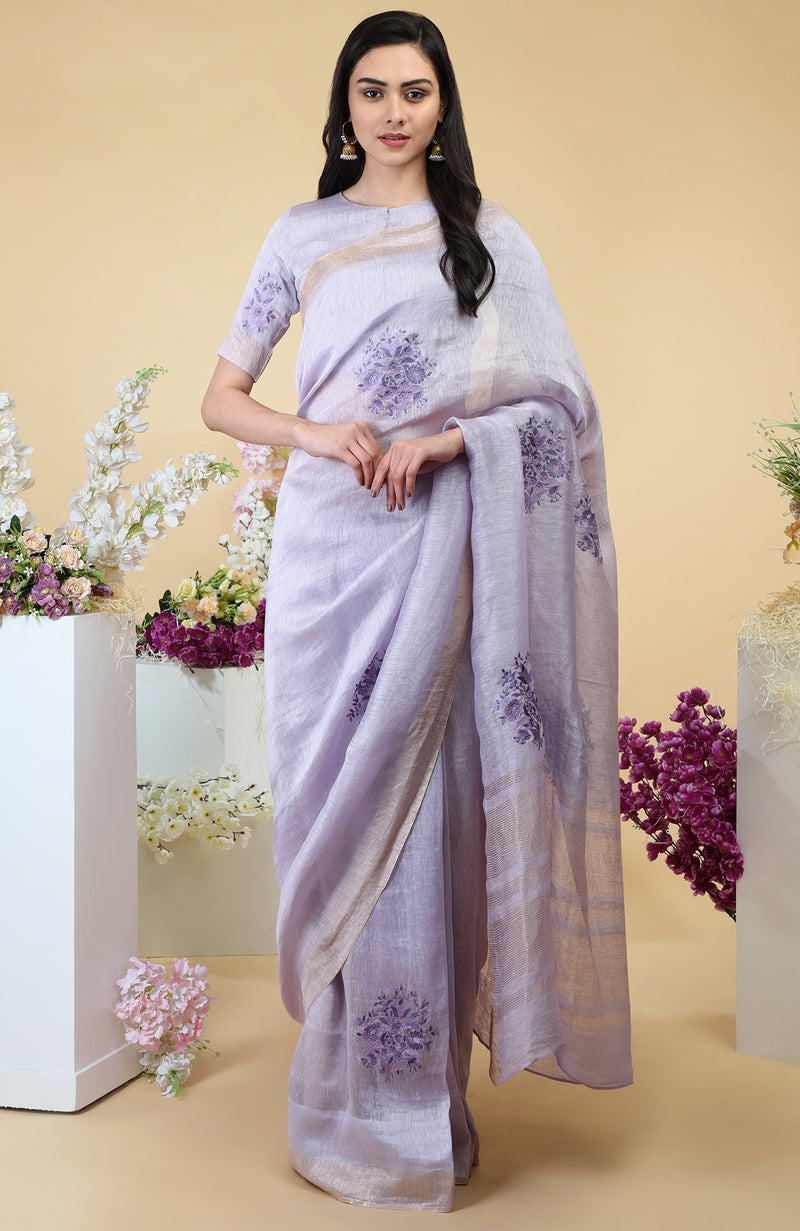 Lilac Floral Embroidered Linen Saree