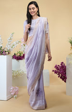 Lilac Floral Embroidered Linen Saree