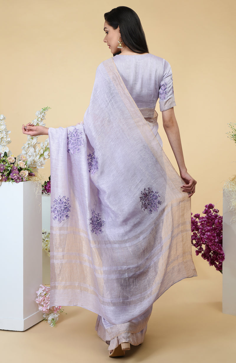 Lilac Floral Embroidered Linen Saree