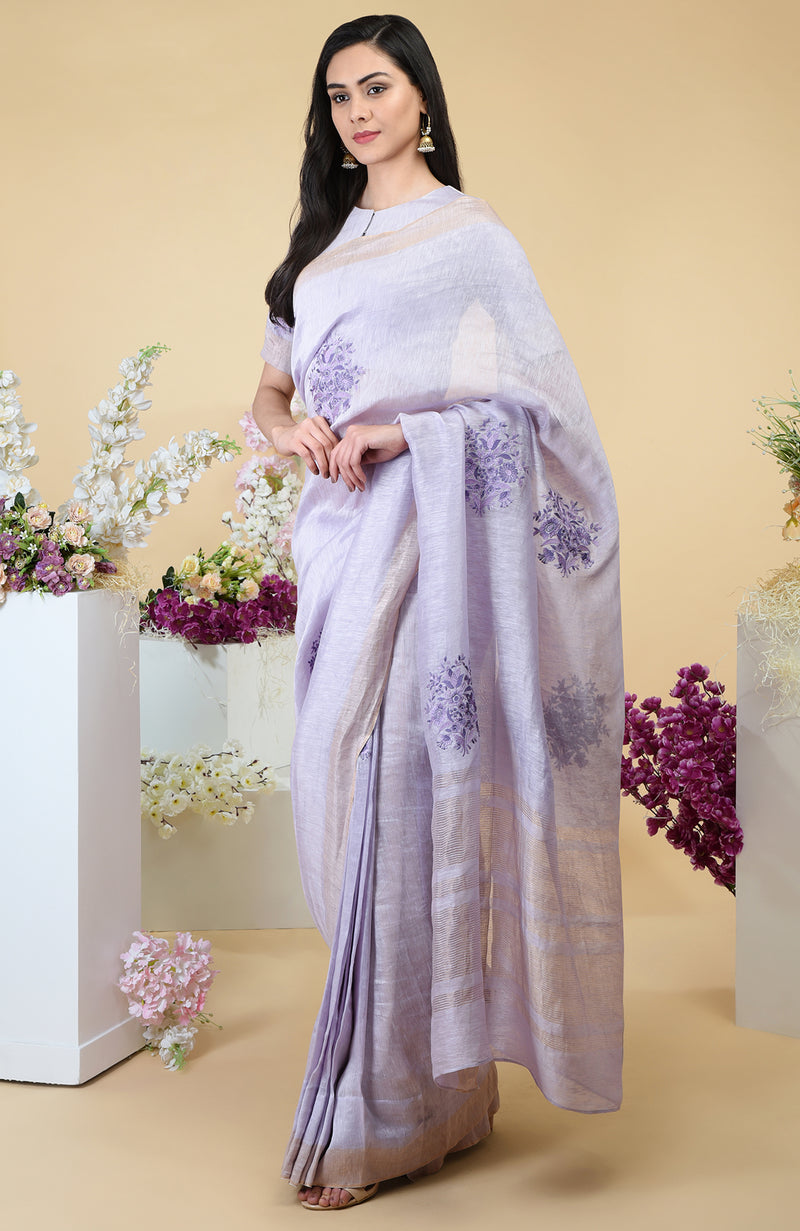 Lilac Floral Embroidered Linen Saree