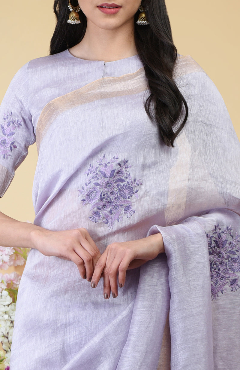 Lilac Floral Embroidered Linen Saree