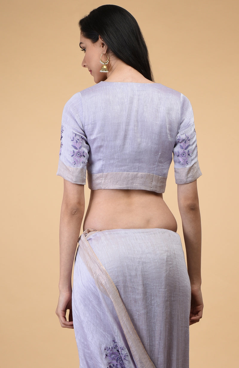 Lilac Floral Embroidered Linen Saree