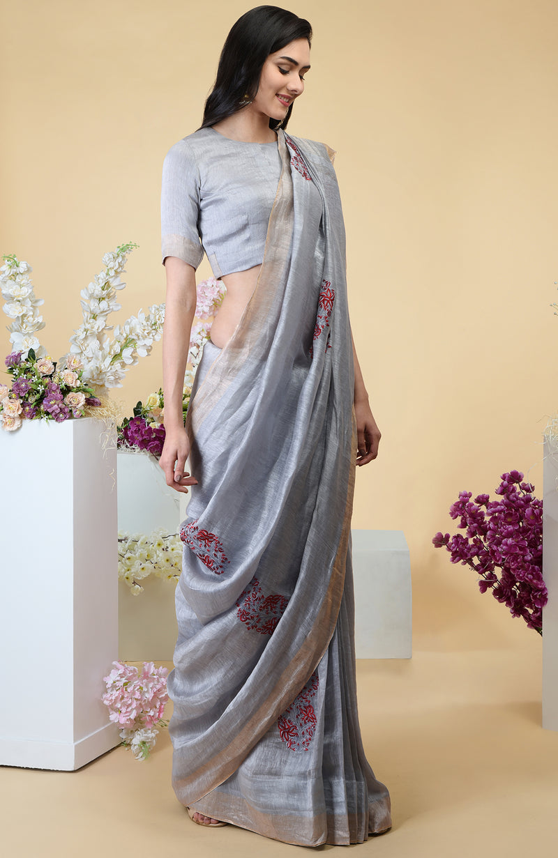 Dove Grey Paisley Embroidered Linen Saree