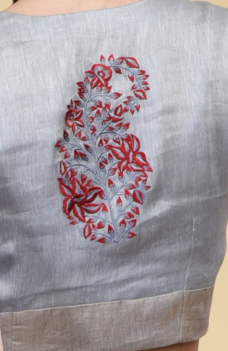 Dove Grey Paisley Embroidered Linen Saree