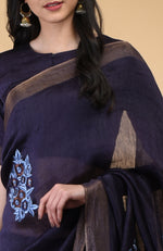 Eclipse Blue Floral Embroidered Linen Saree
