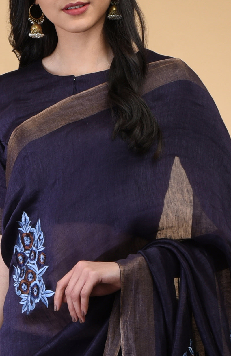 Eclipse Blue Floral Embroidered Linen Saree