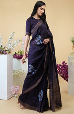 Eclipse Blue Floral Embroidered Linen Saree