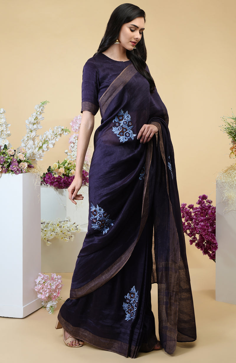Eclipse Blue Floral Embroidered Linen Saree