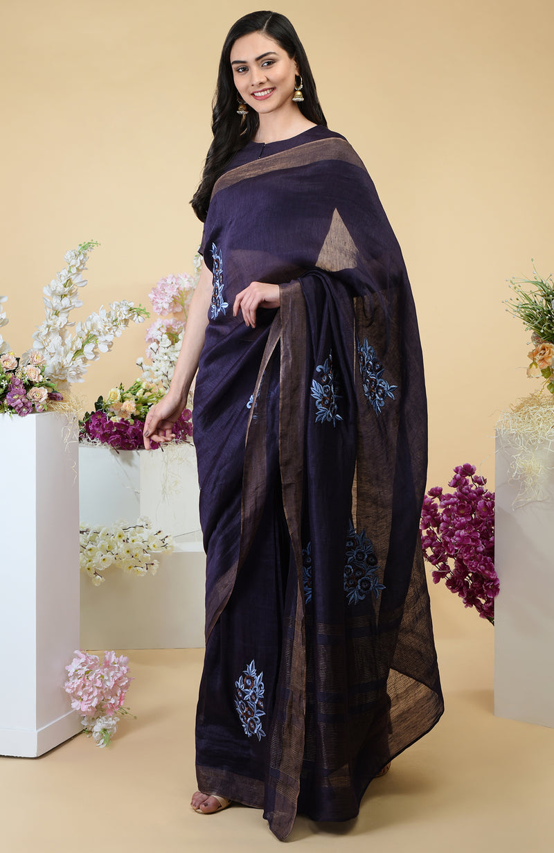 Eclipse Blue Floral Embroidered Linen Saree