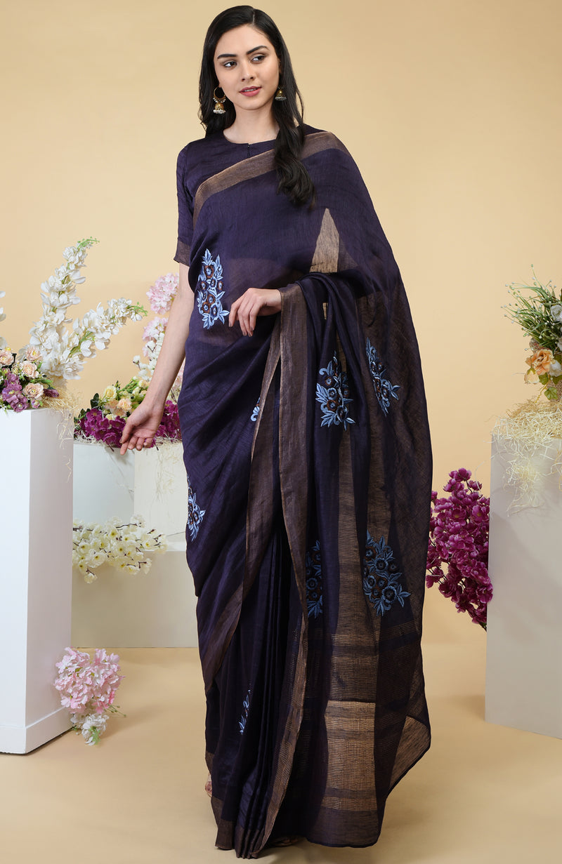 Eclipse Blue Floral Embroidered Linen Saree
