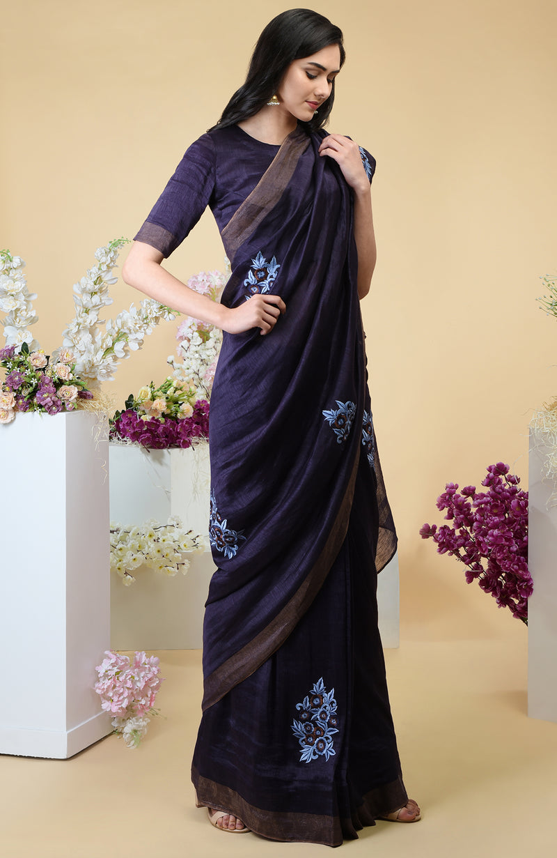 Eclipse Blue Floral Embroidered Linen Saree