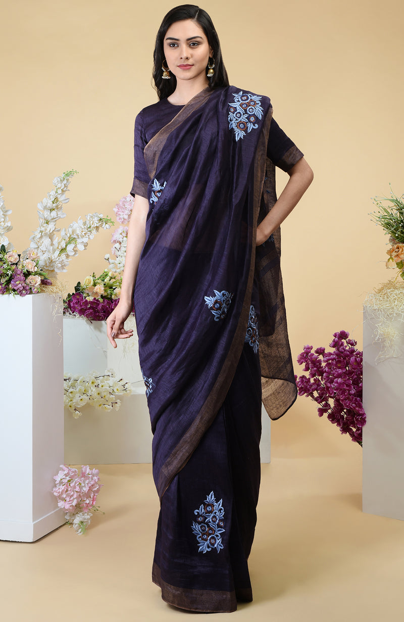 Eclipse Blue Floral Embroidered Linen Saree